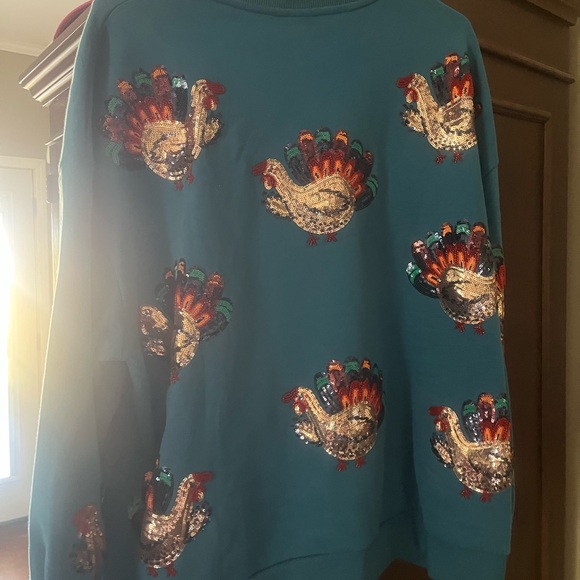 Queen of Sparkles Teal Sequin Turkey Sweatshirt - Picture 4 of 7